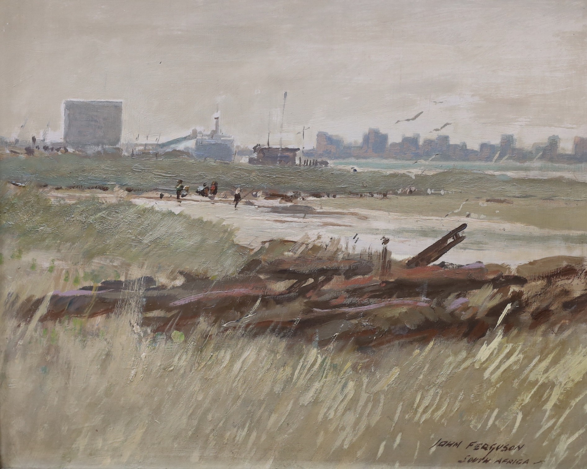 John Ferguson (South African 1885-1967), oil on board, Industrial coastal landscape, signed and inscribed South Africa, 35 x 44cm
